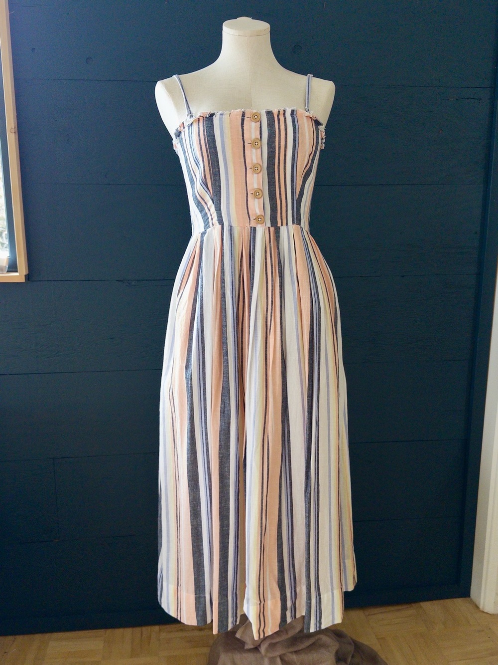 Free People Lilah Striped Smocked Button-Front Midi Dress Size M EUC w/pockets!